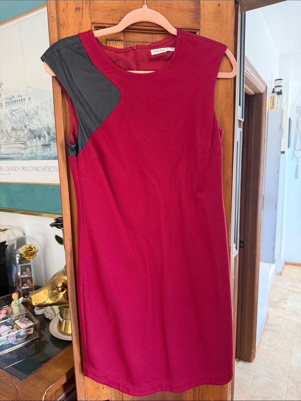 Trina Turk Wine Red Sleeveless Shift Dress with Black Shoulder Panel